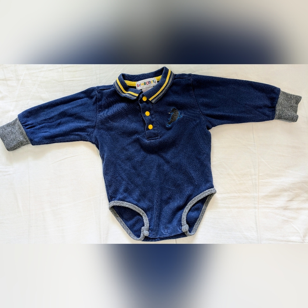 Vintage Gymboree 90s Blue Gray Long Sleeve Bodysuit Seal Embroidery Size Infant